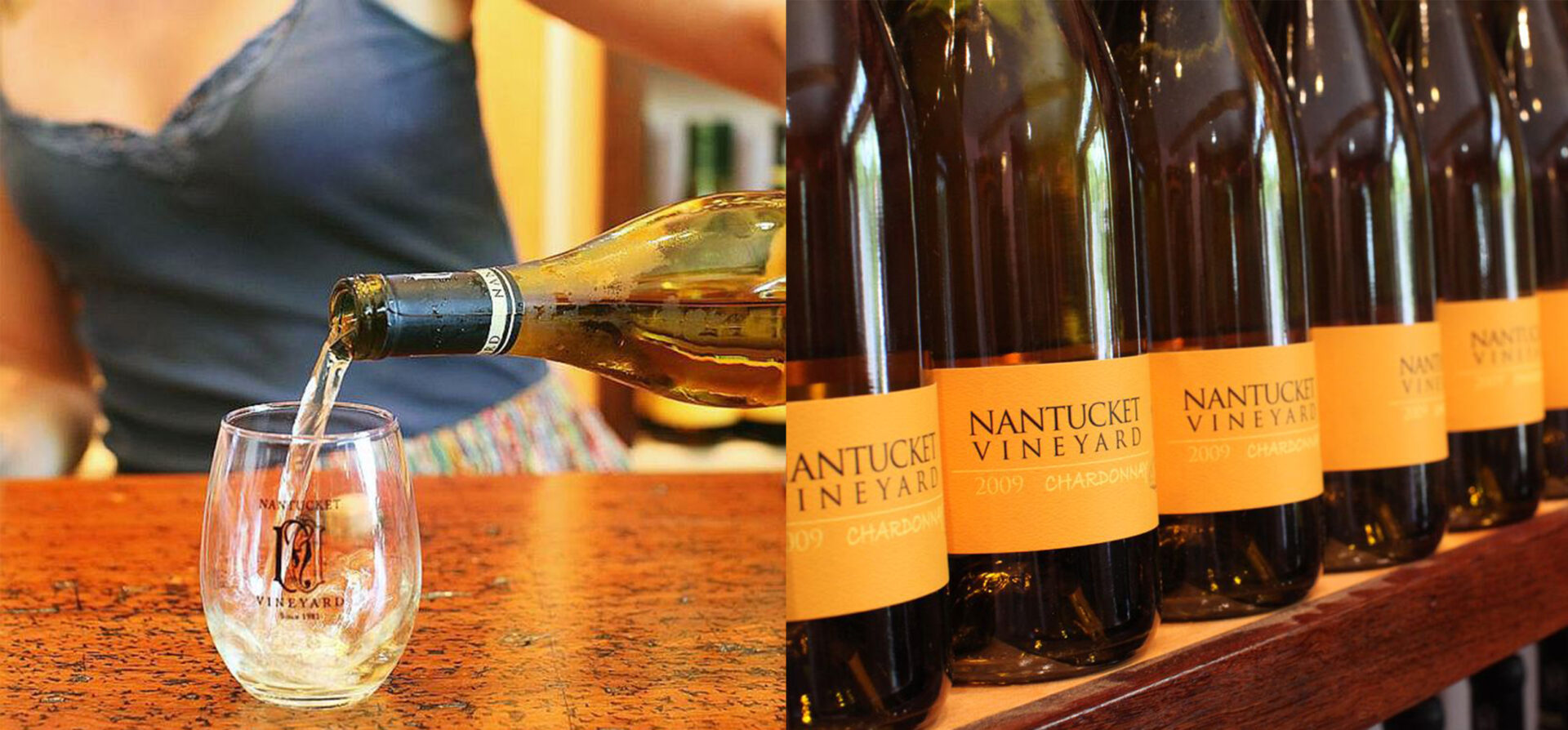 Woman pouring white wine into a branded glass and bottles of Nantucket Vineyard Chardonnay lined up on a shelf.