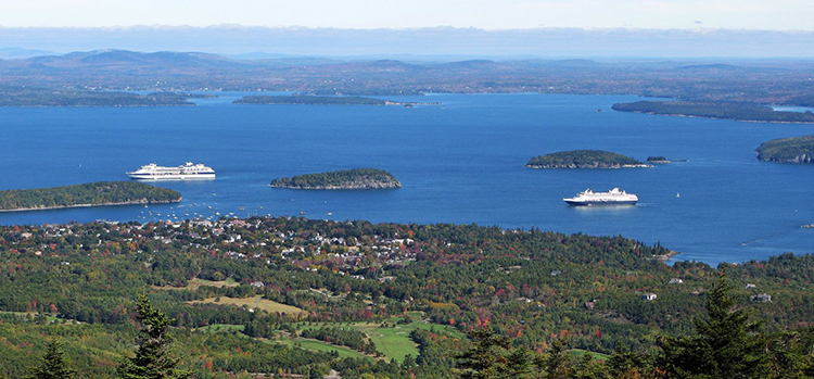 Scenic view of a bay with cruise ships, small islands, and a coastal town surrounded by forests and hills.