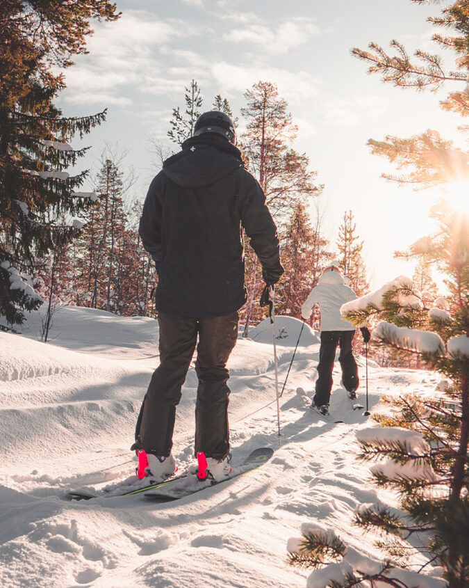 A family skiing at a resort.