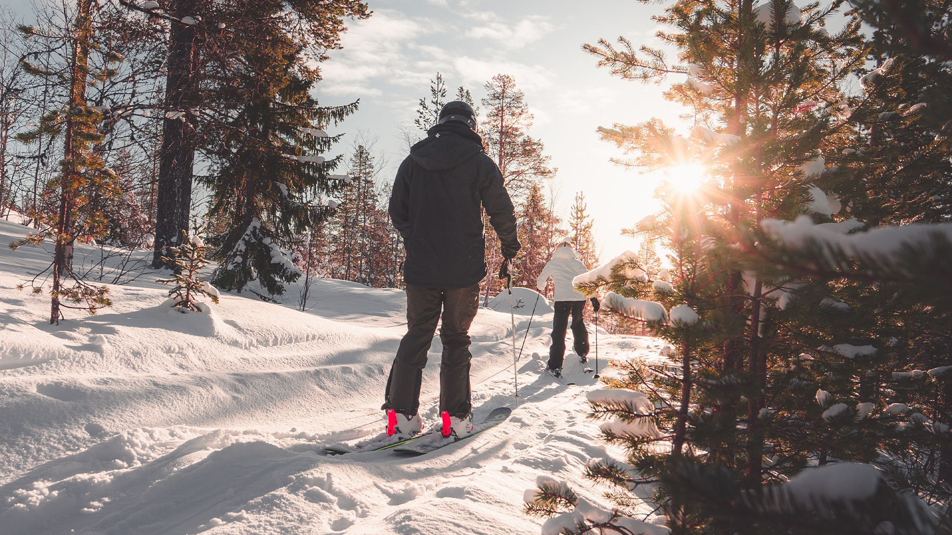 A family skiing at a resort.