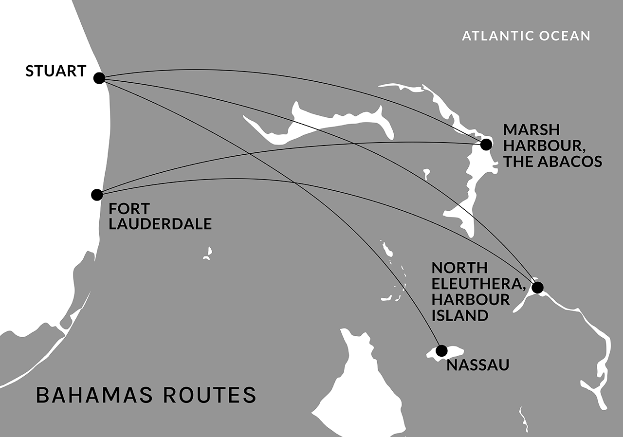 Map showing scheduled flight routes from Stuart and Fort Lauderdale, Florida to Marsh Harbour and North Eleuthera and Stuart to Nassau.