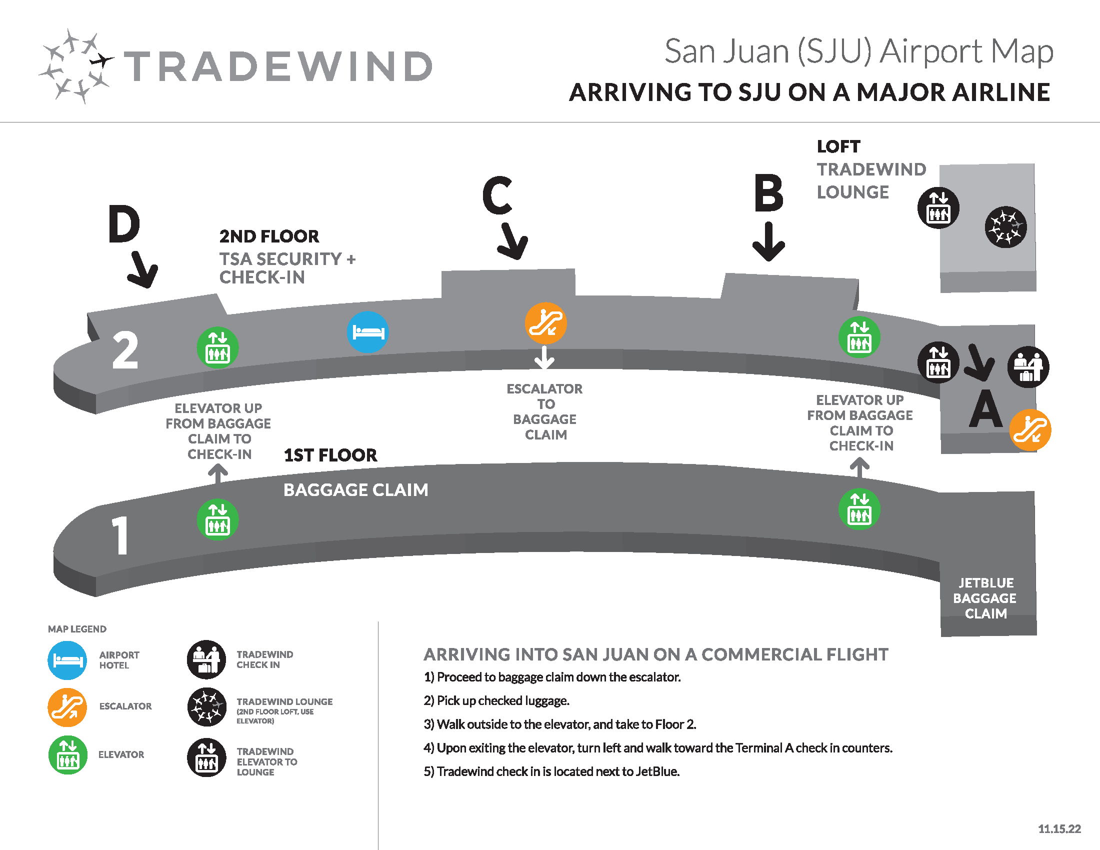 Infographic highlighting the layout of the first and second floor of the San Juan Airport.